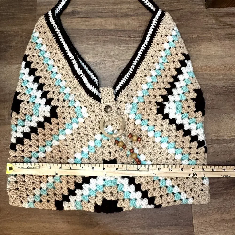 Hand Knit Crochet Granny Square Bag Beaded Accent Boho Retro Y2K Festival Tote